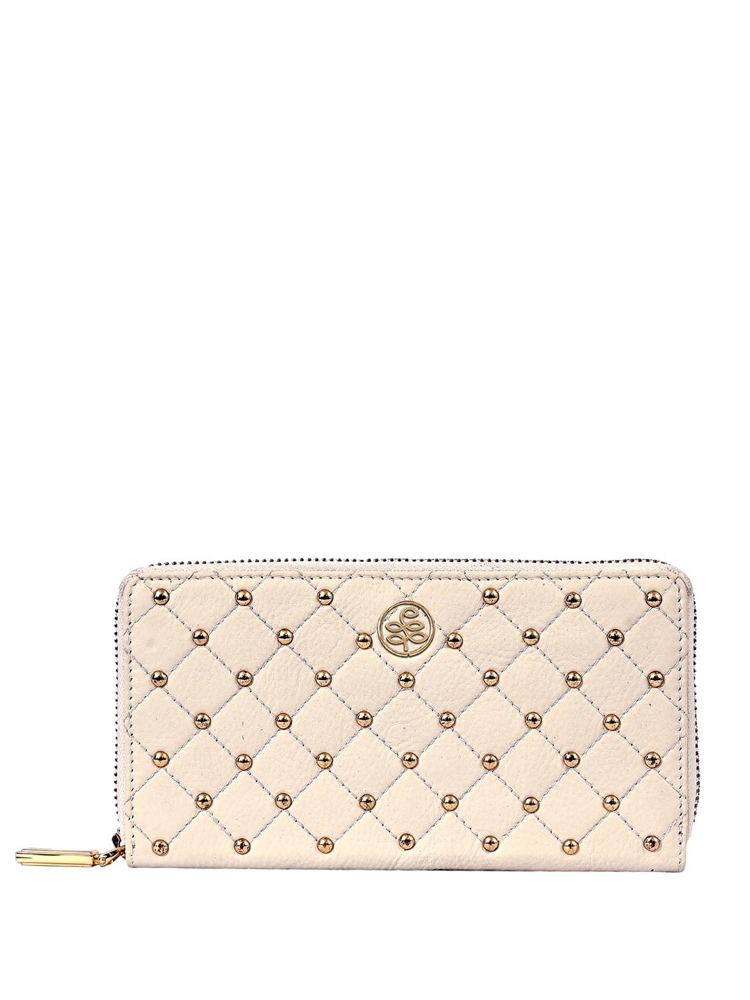 

Eske Women Leather Textured Embellished Zip Around Wallet, Cream