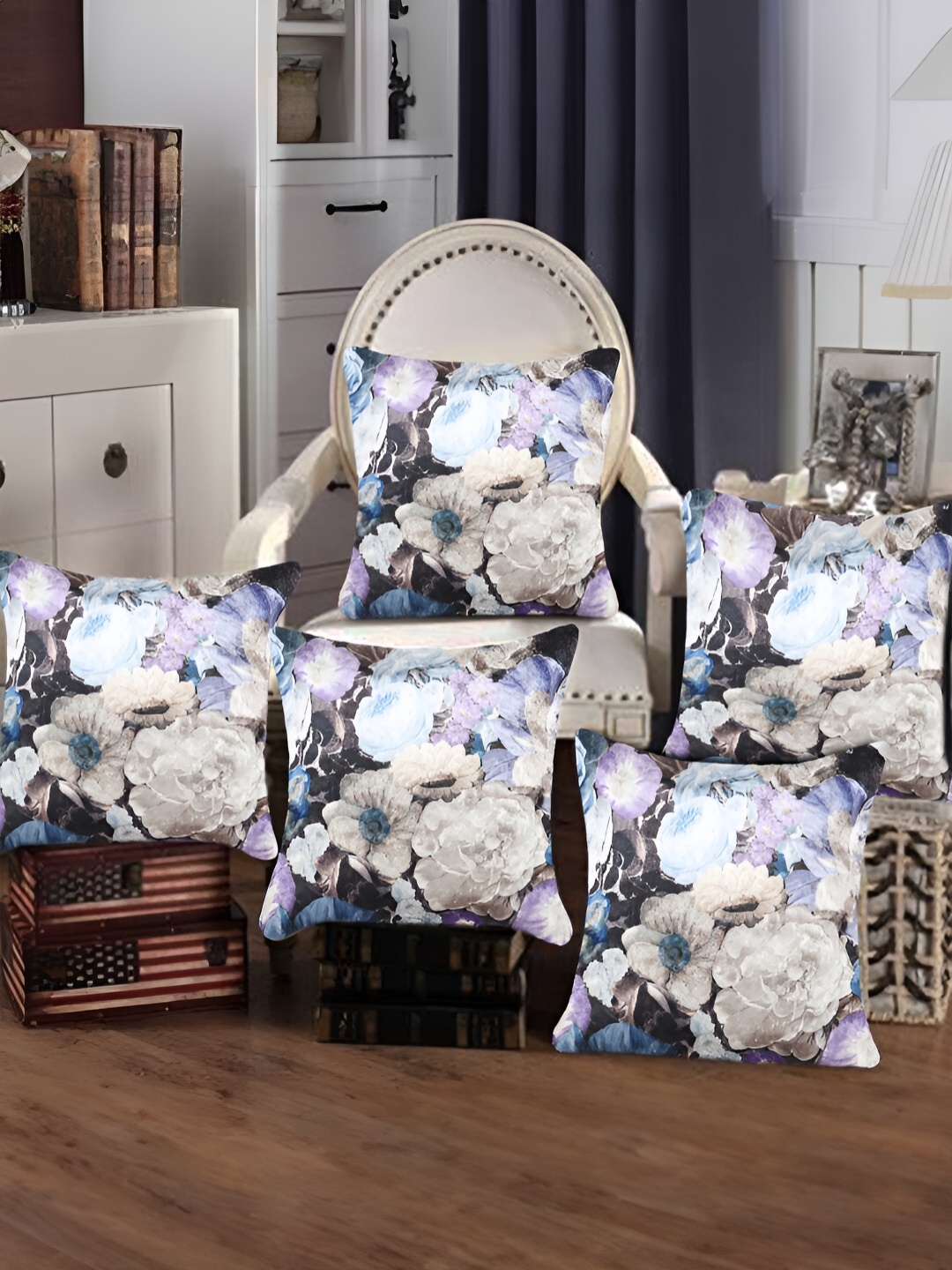 

Tesmare Blue & Grey 5-Pieces Floral Printed Velvet Square Cushion Covers