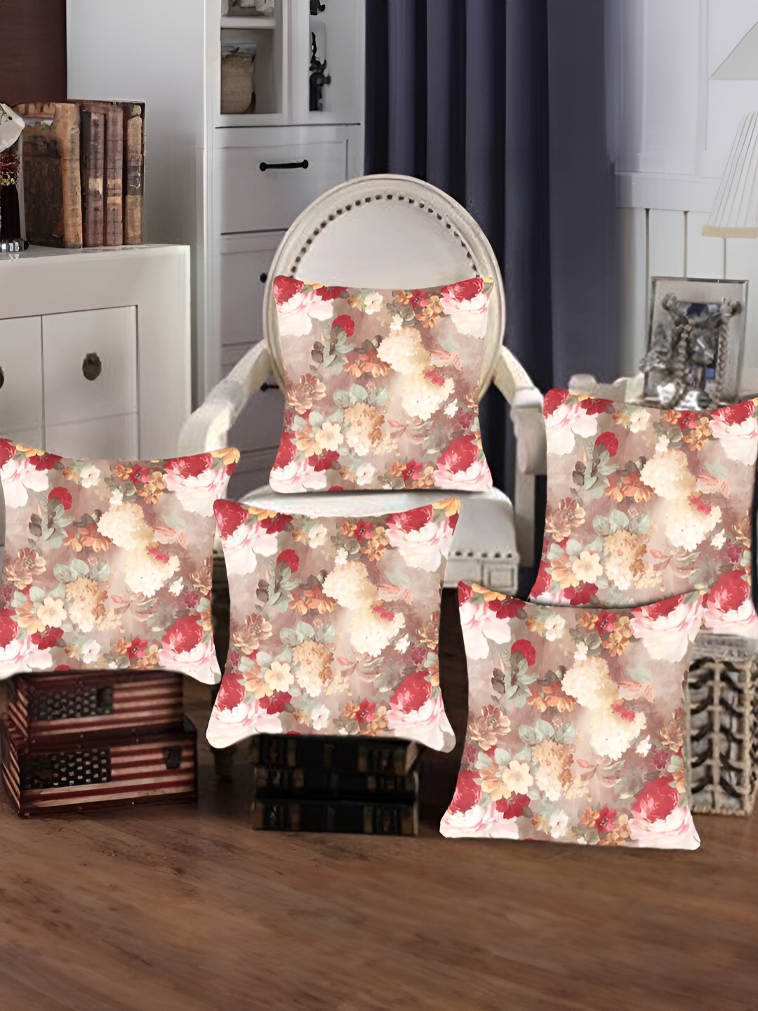 

Tesmare Brown & Red 5-Pieces Floral Printed Velvet Square Cushion Covers