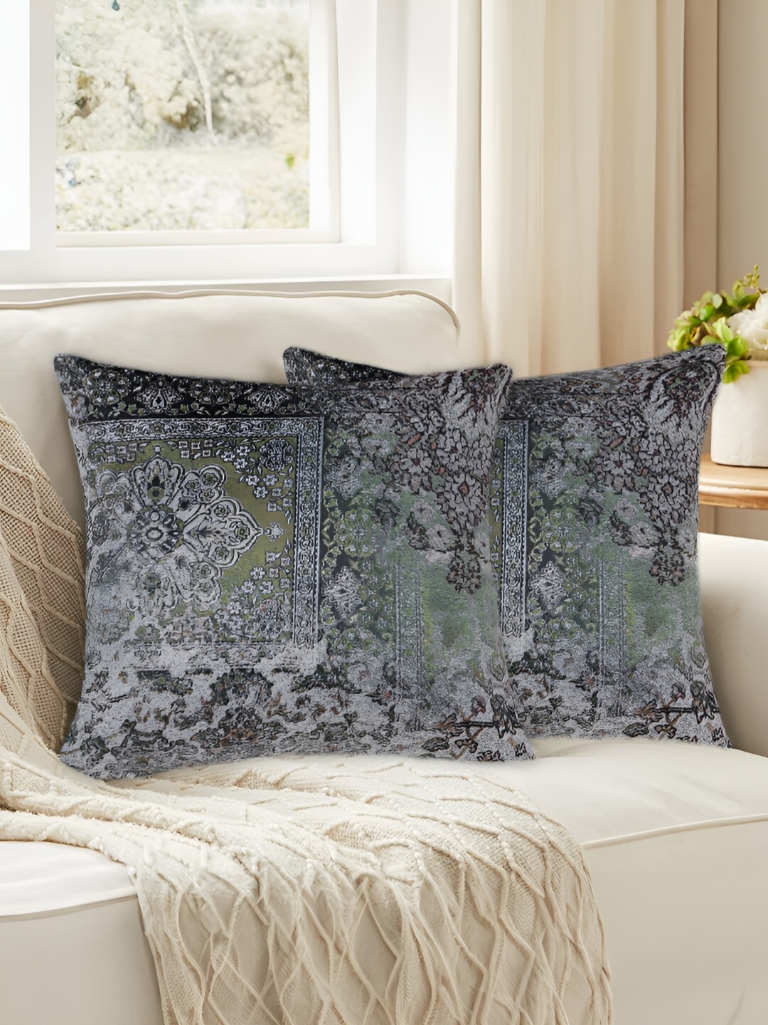 

Tesmare Green & Grey 2 Pieces Ethnic Motifs Printed Velvet Square Cushion Covers