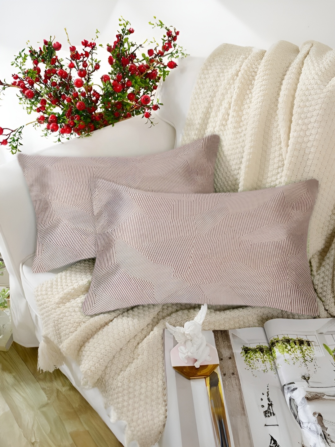 

Tesmare Beige 2 Pieces Self Design Velvet Rectangle Cushion Covers
