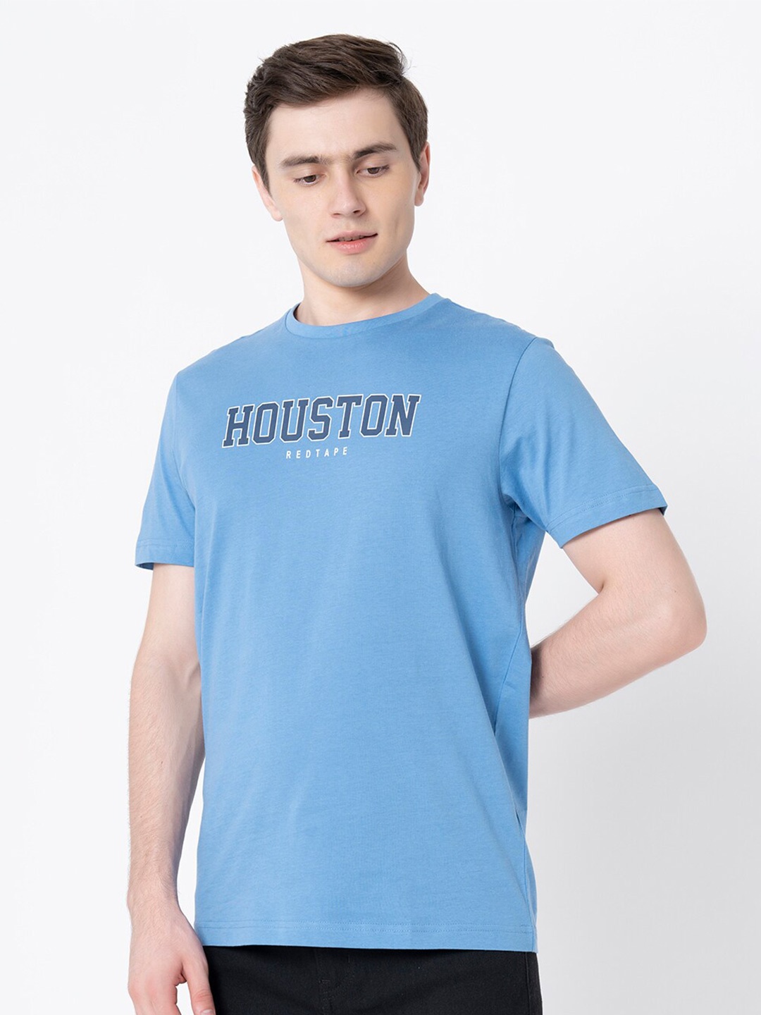 

Red Tape Typography Printed Pure Cotton T-shirt, Blue