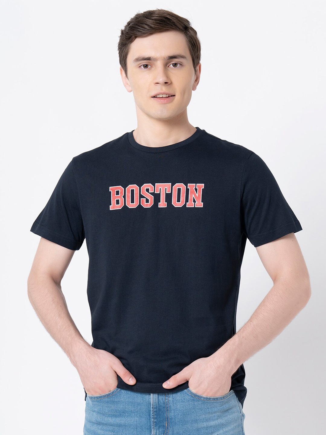 Red Tape Typography Printed Pure Cotton T-shirt, Navy blue