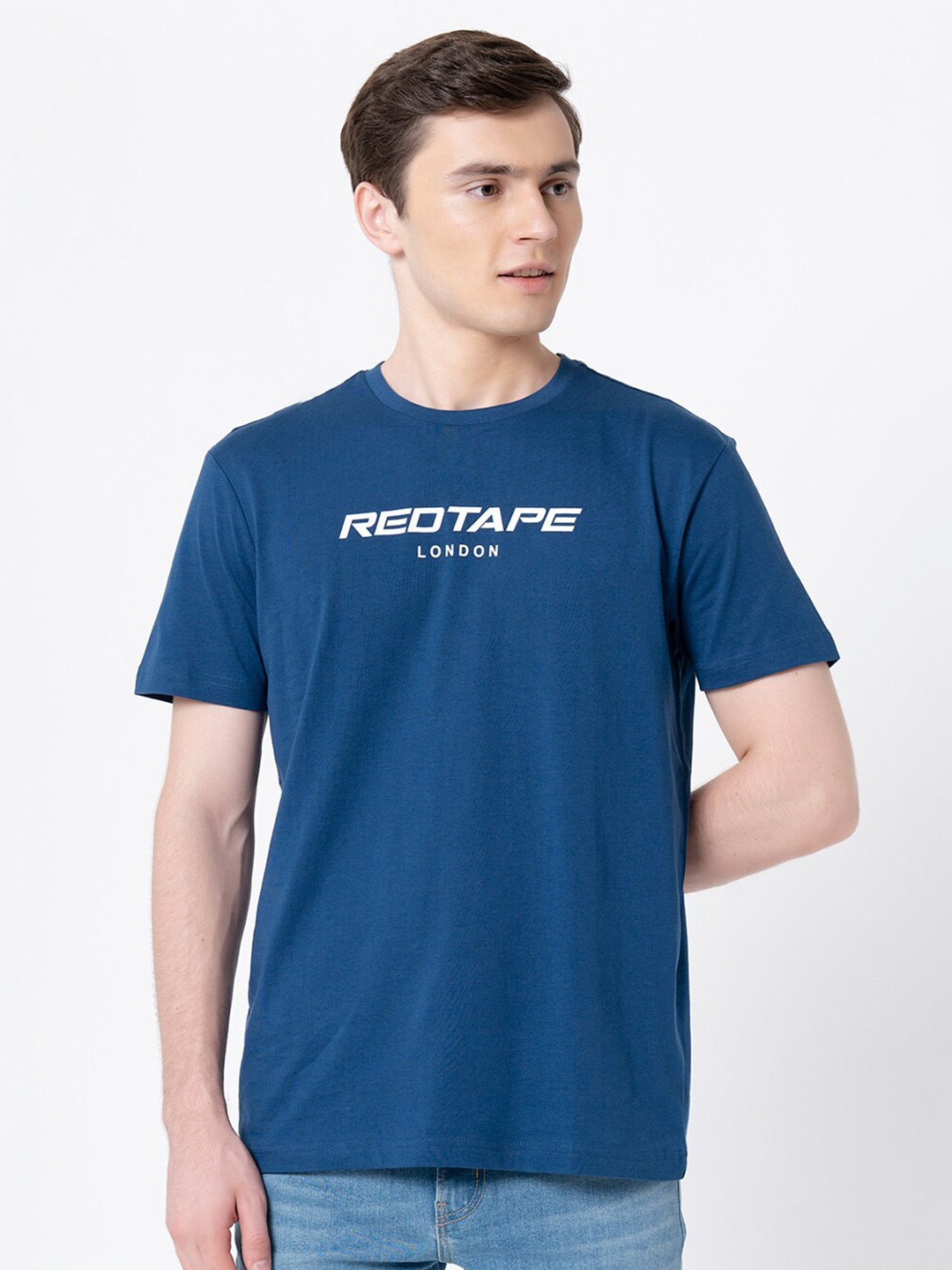 

Red Tape Typography Printed Pure Cotton T-shirt, Blue