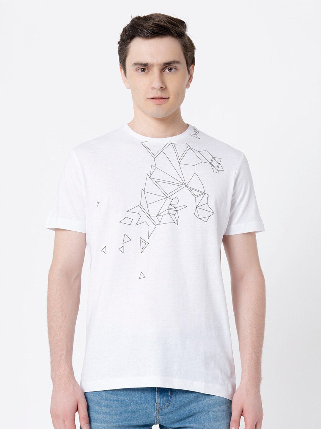 

Red Tape Geometric Printed Pure Cotton Regular Fit T-shirt, White
