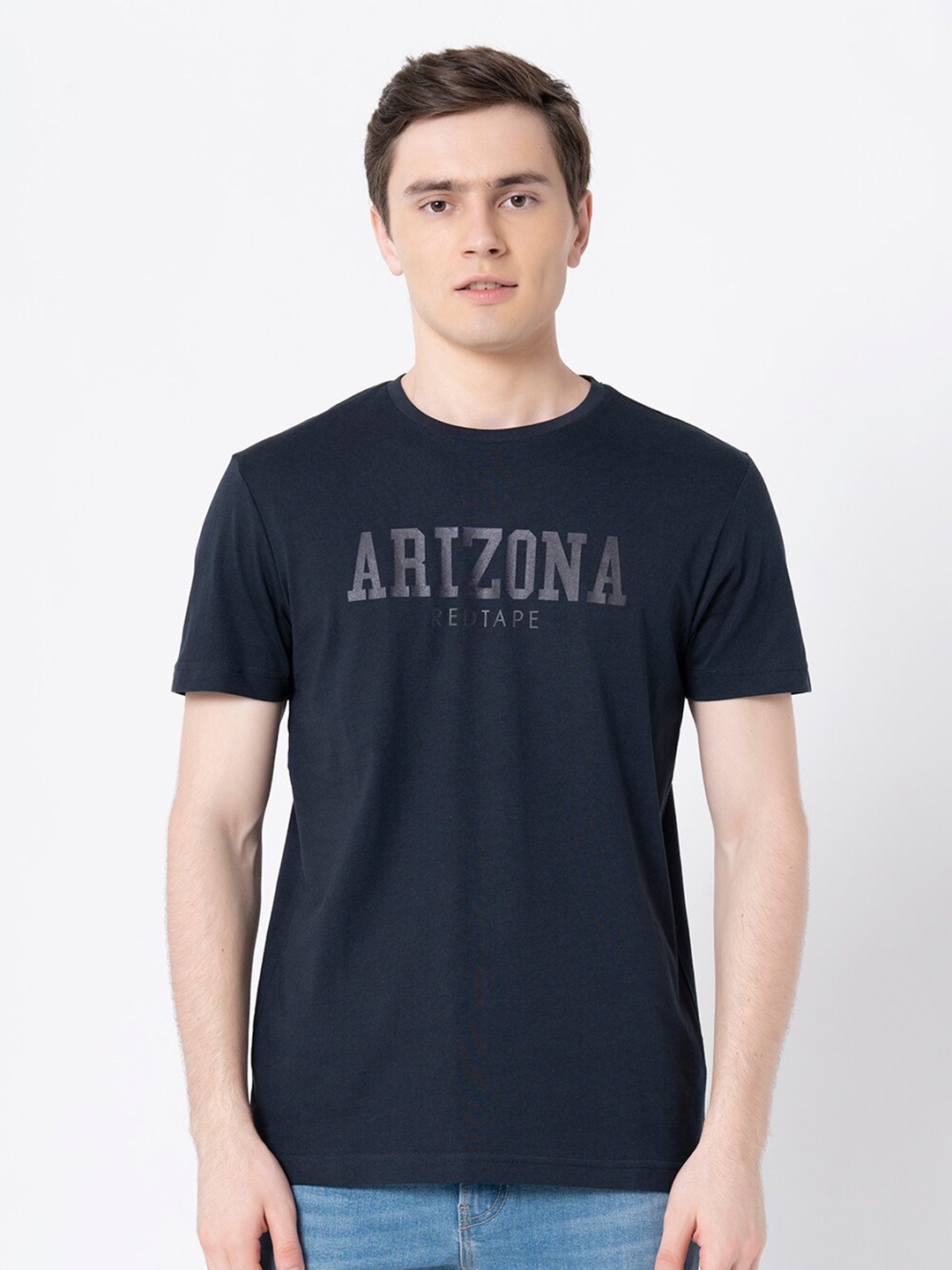 

Red Tape Typography Printed Pure Cotton Regular Fit T-shirt, Navy blue