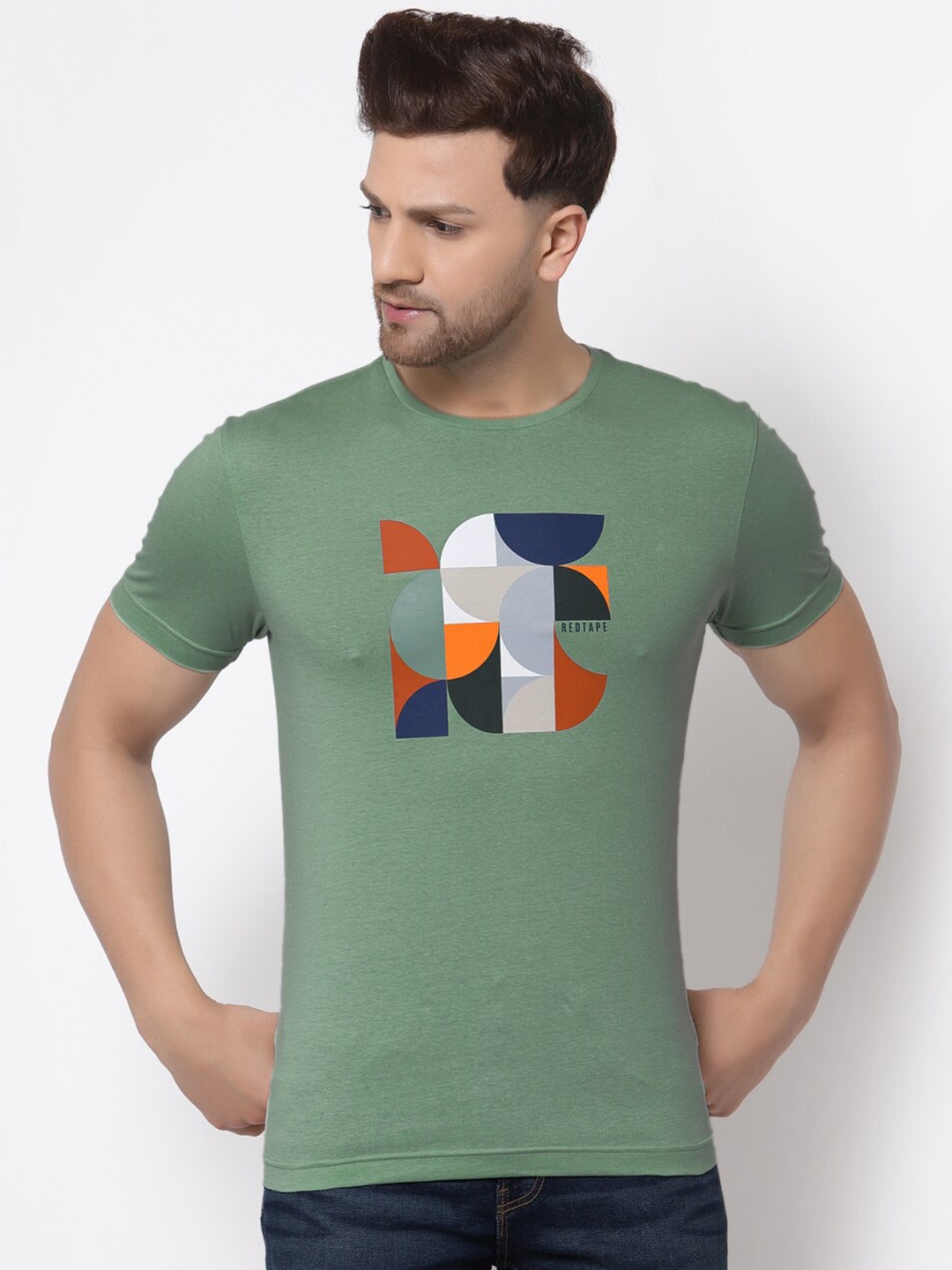 

Red Tape Geometric Printed Pure Cotton Regular Fit T-shirt, Green