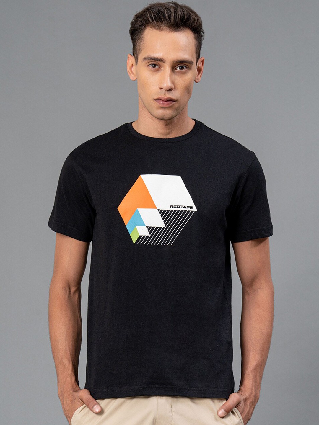 

Red Tape Geometric Printed Pure Cotton Regular Fit T-shirt, Black