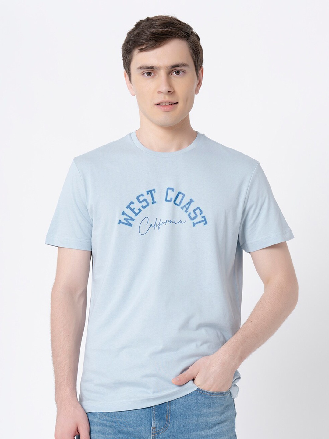 

Red Tape Typography Printed Pure Cotton T-shirt, Blue