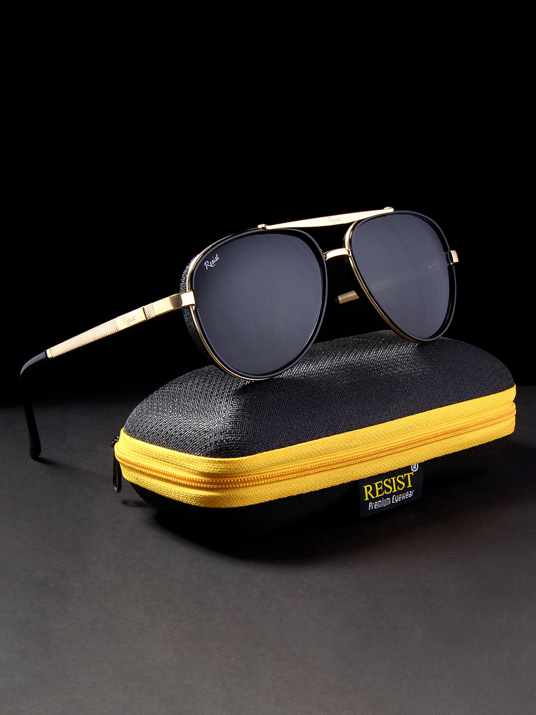 

RESIST EYEWEAR Unisex Black Lens & Black Aviator Sunglasses with UV Protected Lens