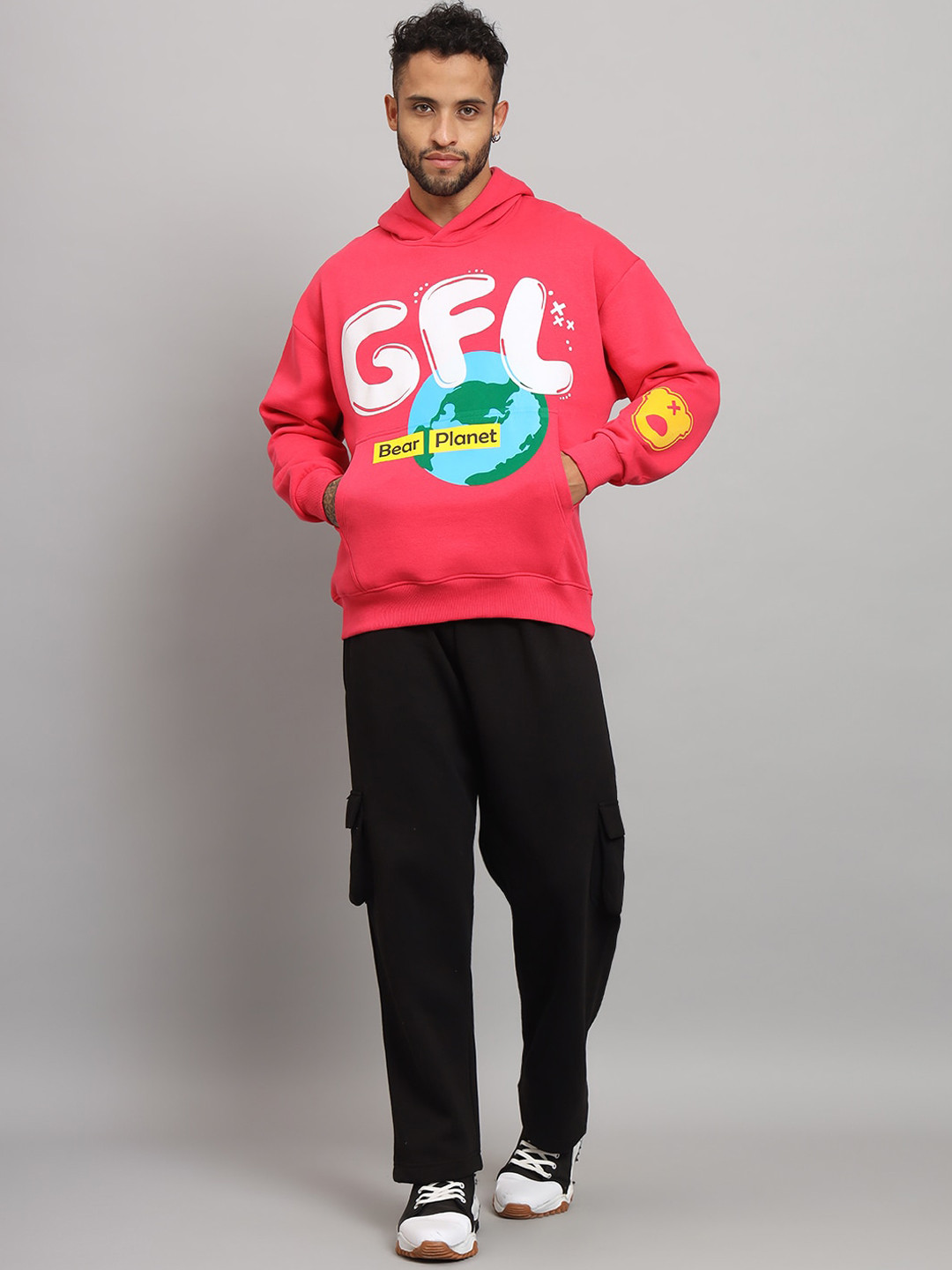 

GRIFFEL Typography Printed Fleece Cotton Hooded Tracksuits, Pink