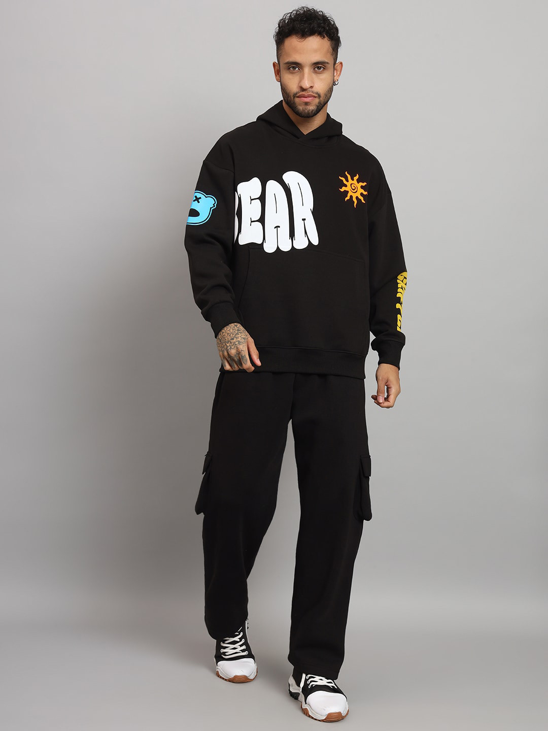 

GRIFFEL Typography Printed Fleece Cotton Hooded Tracksuits, Black