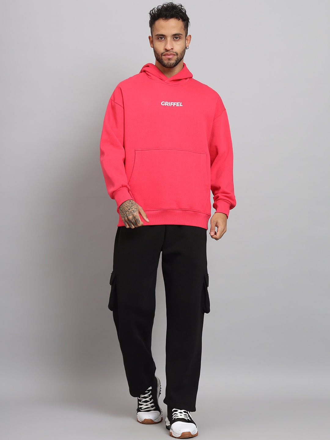 

GRIFFEL Brand Logo Printed Hooded Fleece Sweatshirt With Trackpant, Pink