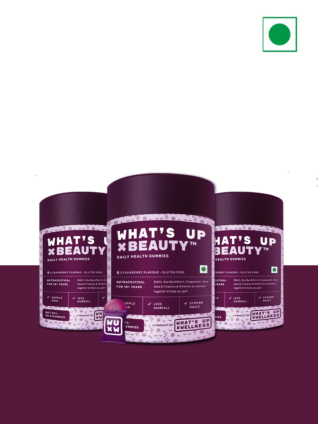 

What's Up Wellness x Beauty Set of 3 Daily Health Gummies - Strawberry - 30 Gummies Each, Purple