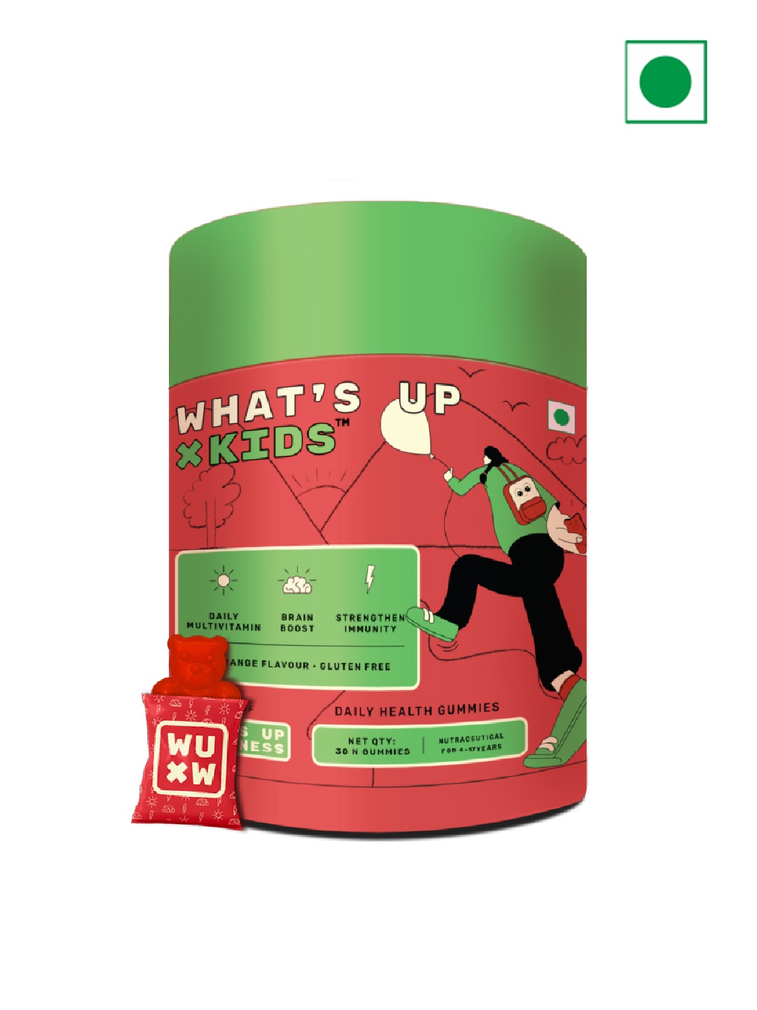 

What's Up Wellness Kids Set of 3 Daily Health Gummies - Orange - 30 Gummies, Red