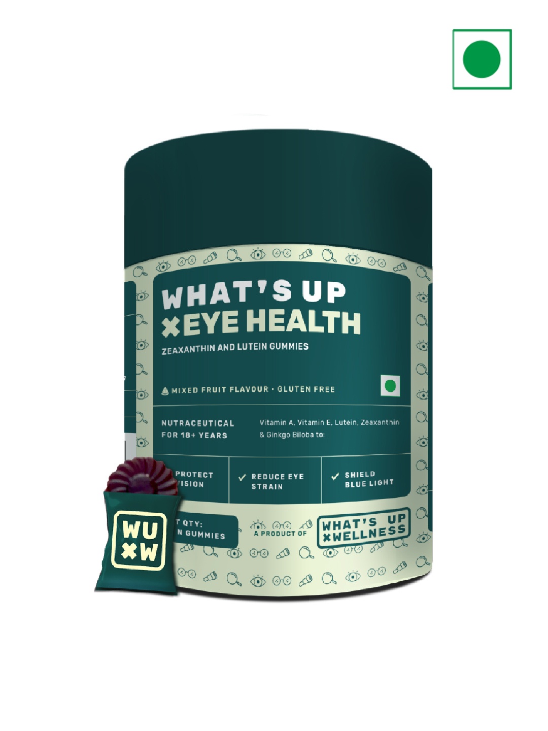 

What's Up Wellness Eye Health Mixed Fruit Flavour Zeaxanthin & Lutein Gummies - 30 Gummies, Green