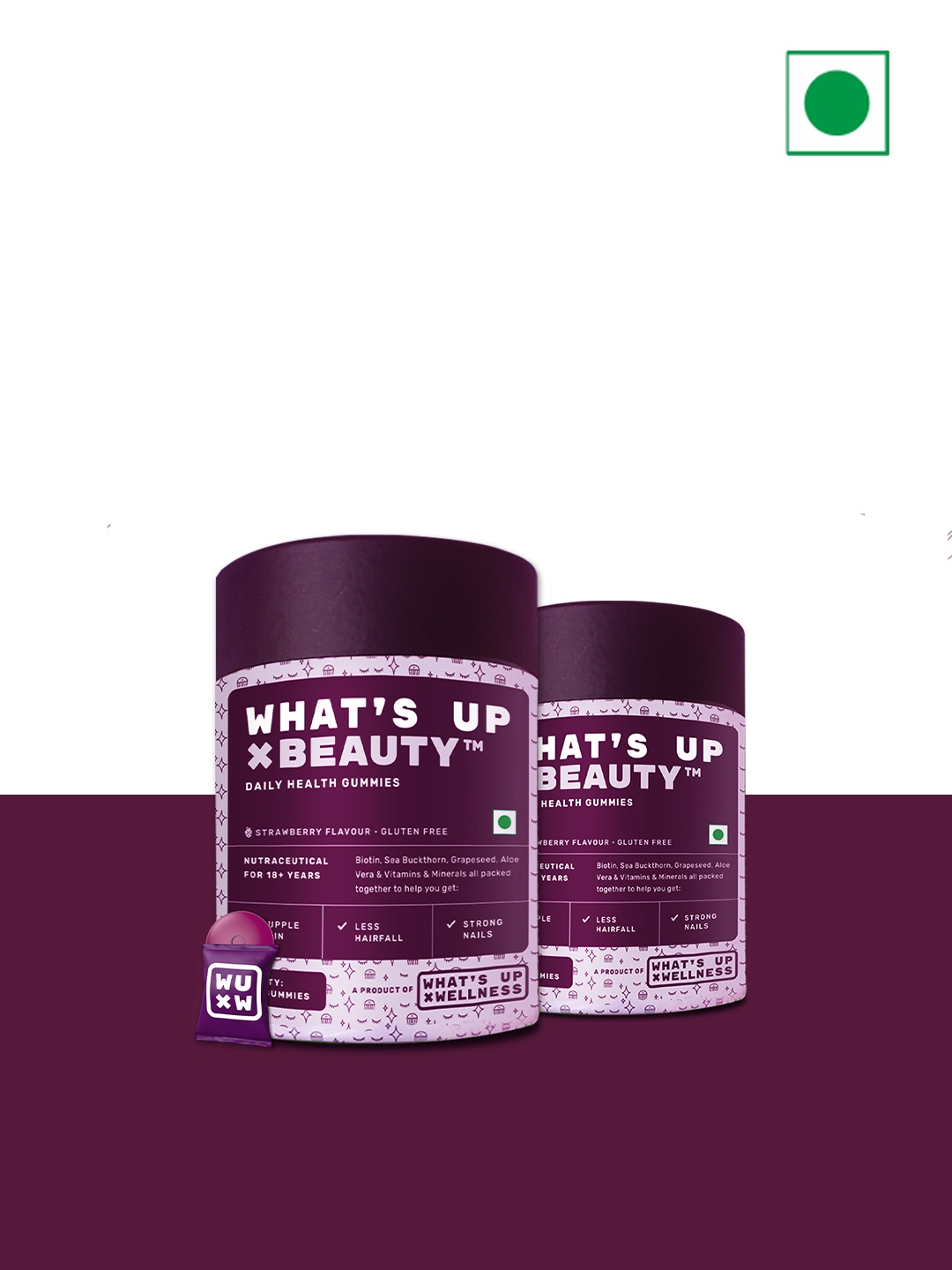

What's Up Wellness Set Of 2 Beauty Strawberry Flavour Daily Health Gummies - 30 Pcs Each, Purple