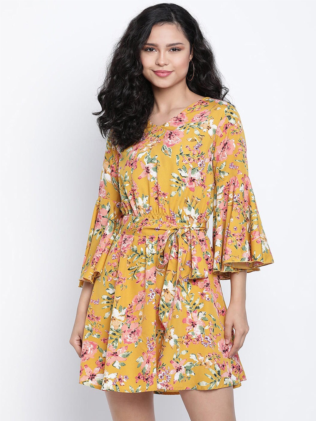 

DRAAX Fashions Floral Printed V-Neck Bell Sleeves Tie-Ups A-Line Dress, Mustard