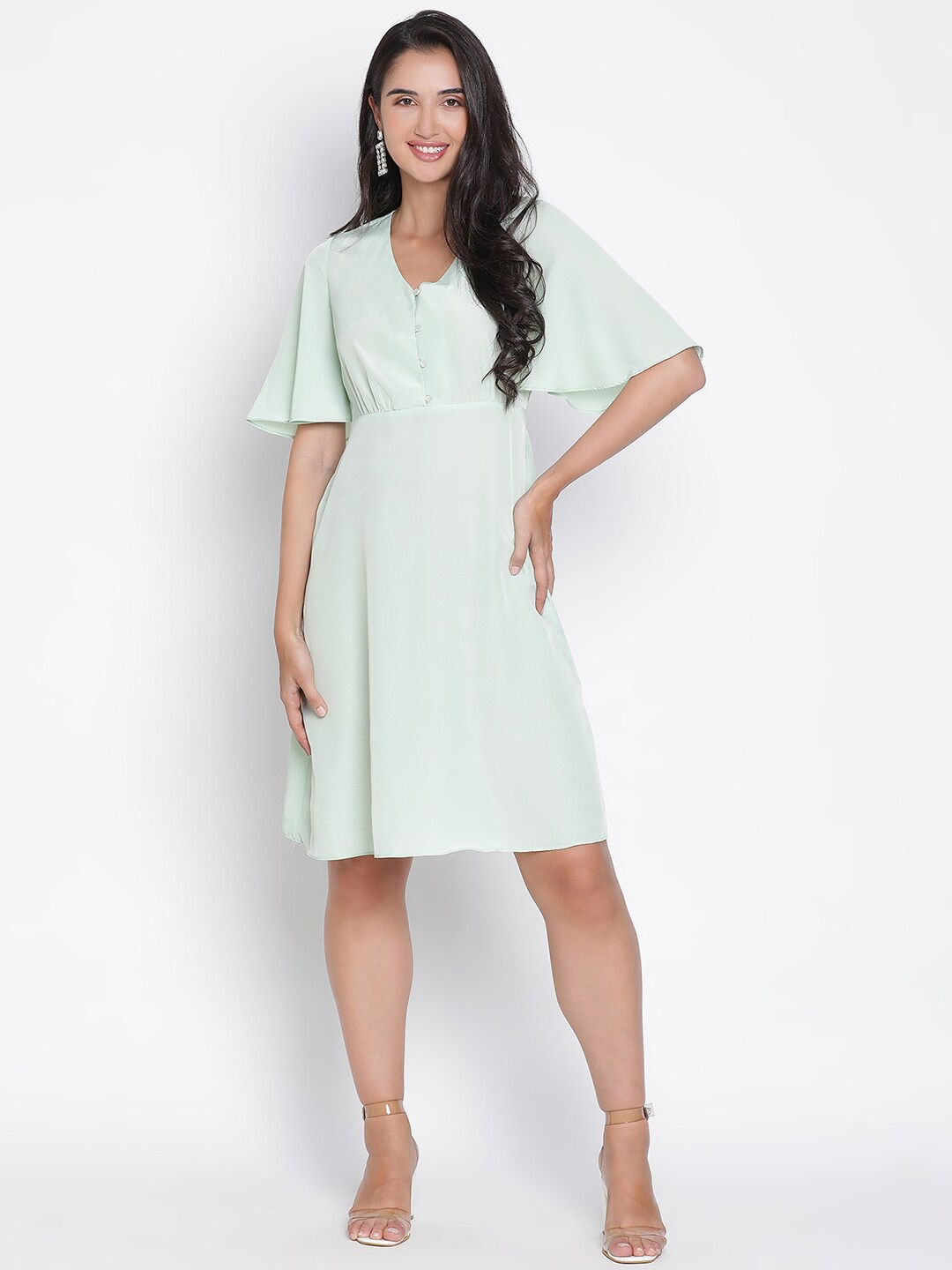 

DRAAX Fashions Flared Sleeves A-Line Dress, Green