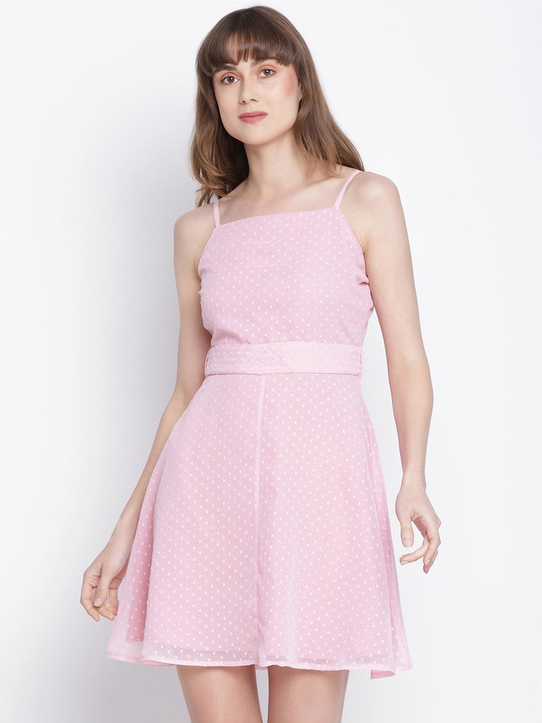 

DRAAX Fashions Self Design Shoulder Straps Fit and Flare Mini Dress, Pink