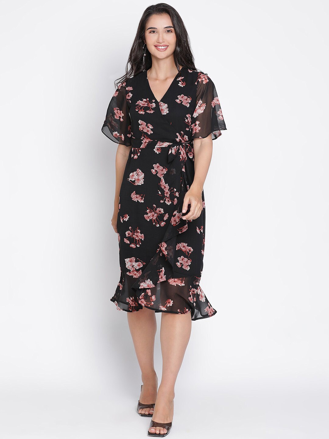 

DRAAX Fashions Floral Printed Tie Up Ruffled A-Line Dress, Black