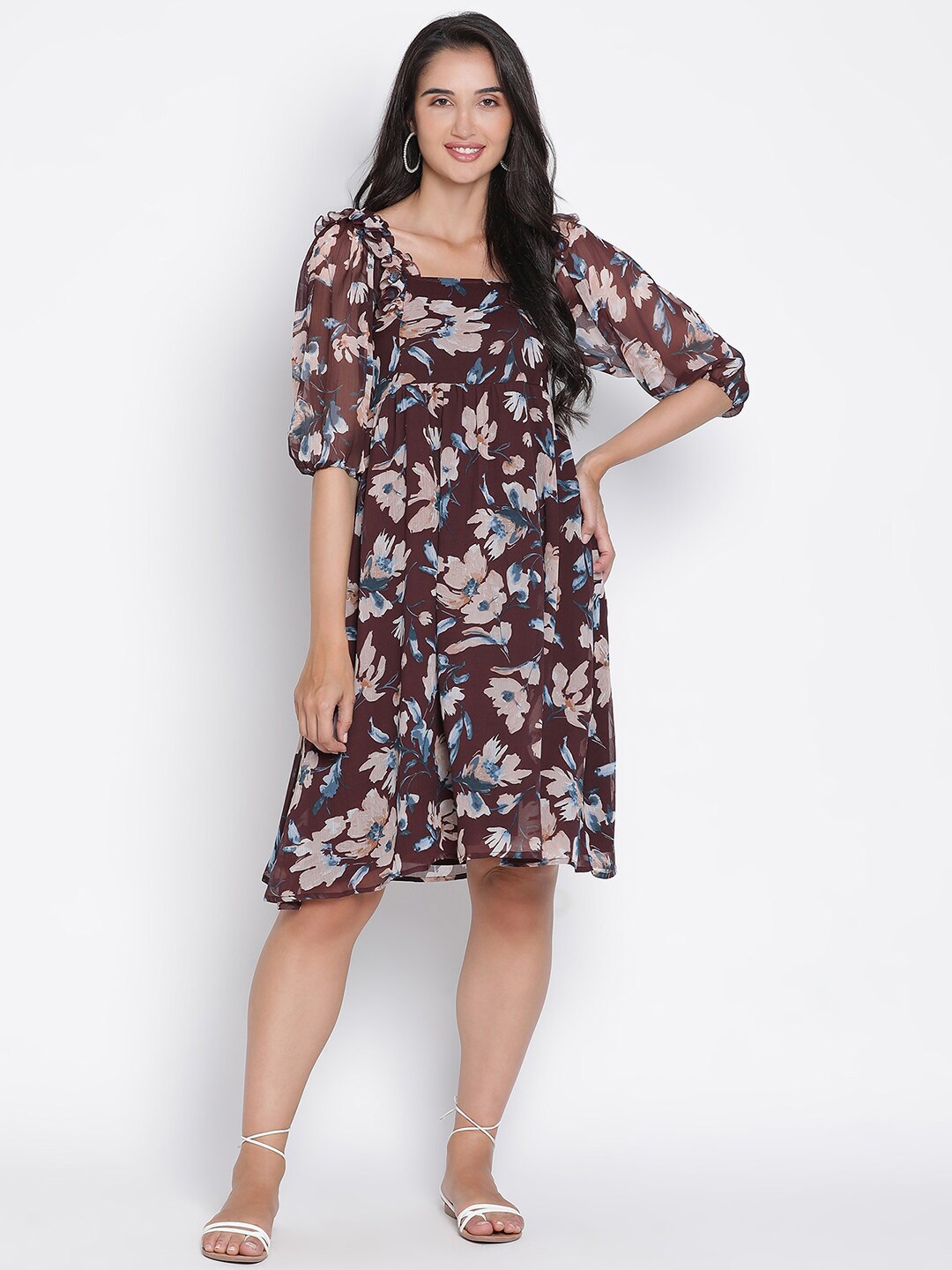 

DRAAX Fashions Floral Printed A-Line Dress, Brown