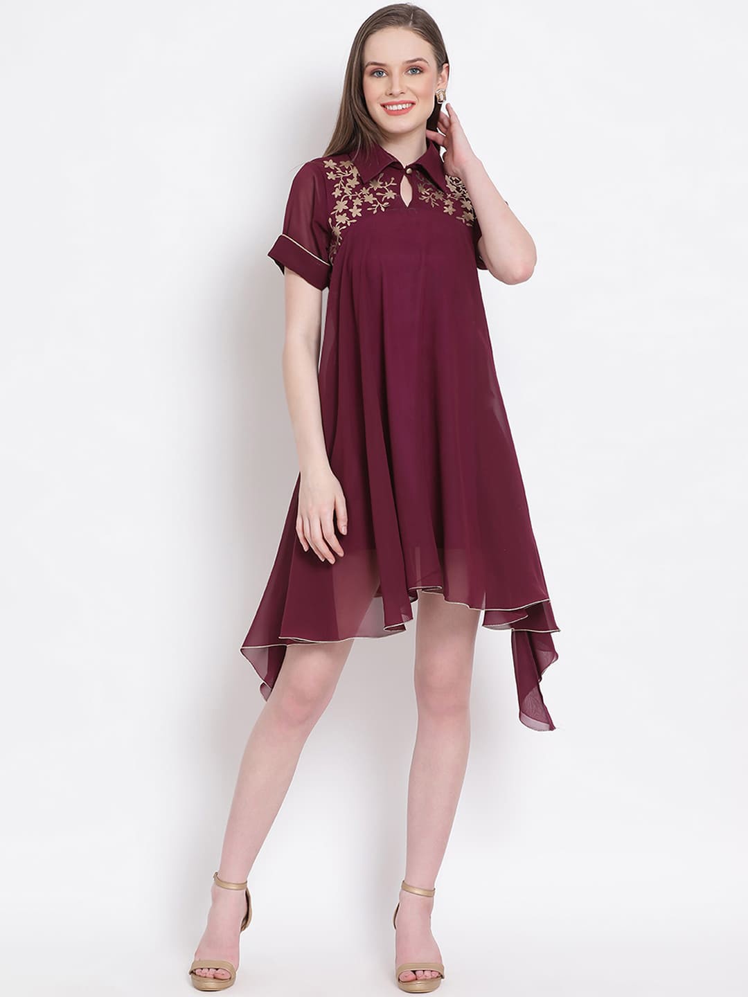 

DRAAX Fashions Shirt Collar Empire Dress, Maroon