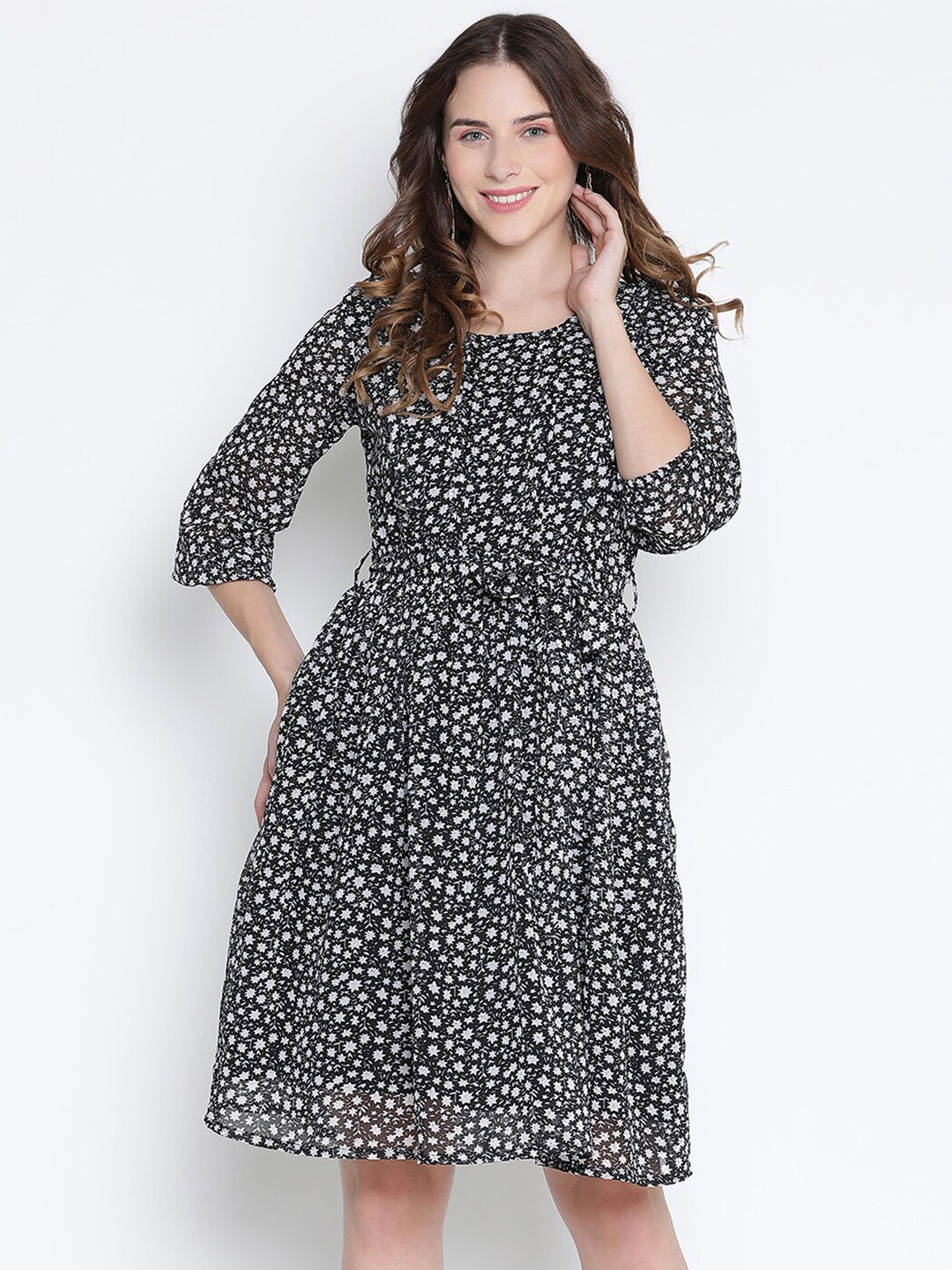 

DRAAX Fashions Floral Printed Fit and Flare Dress, Black