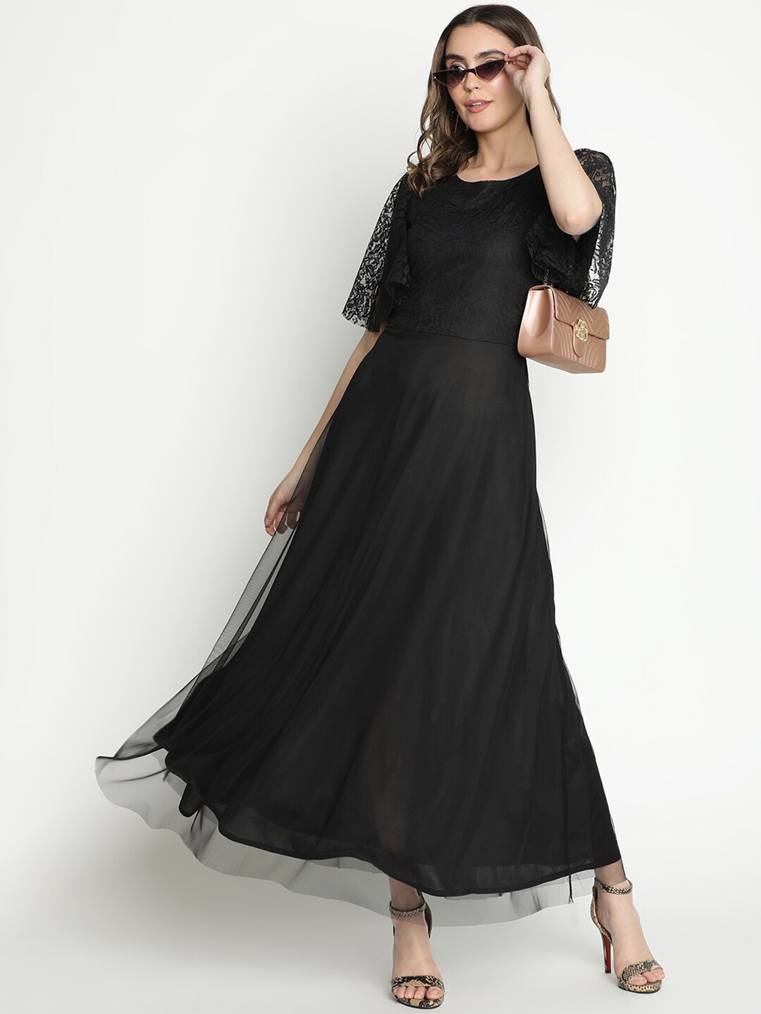 

DRAAX Fashions Lace Detailed Flutter Sleeved Maxi Dress, Black
