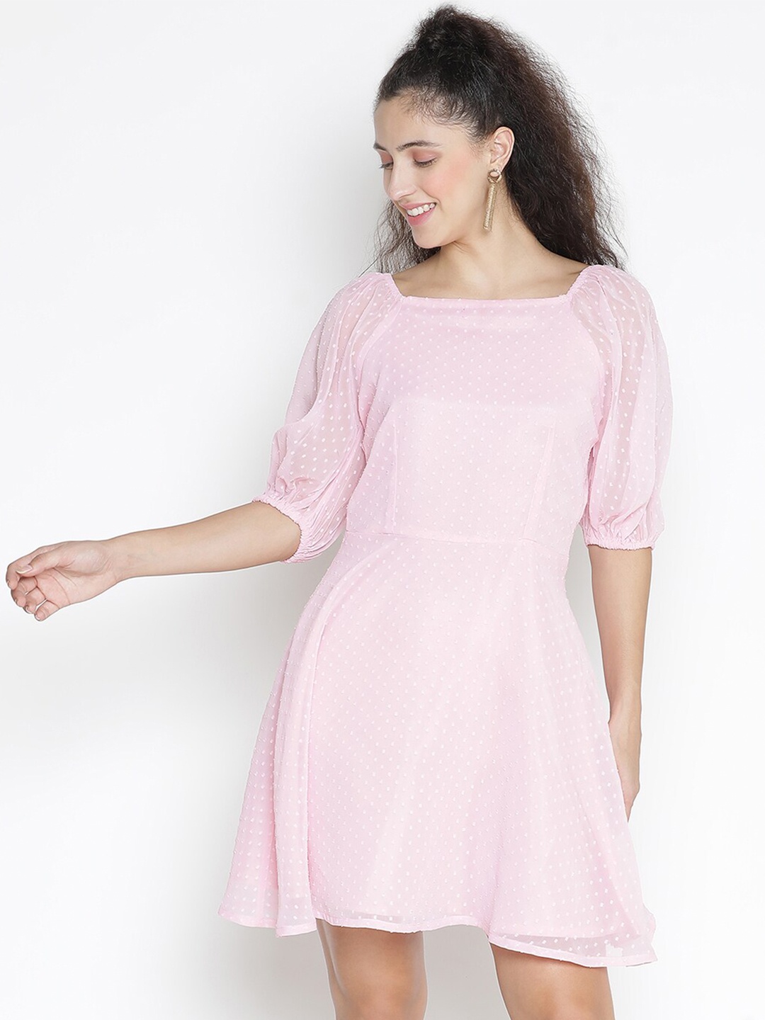 

DRAAX Fashions Self Design Square Neck A-Line Dress, Pink