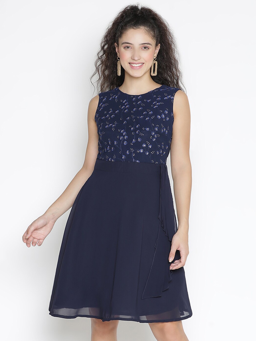 

DRAAX Fashions Floral Embroidered Sequined Fit and Flare Dress, Blue