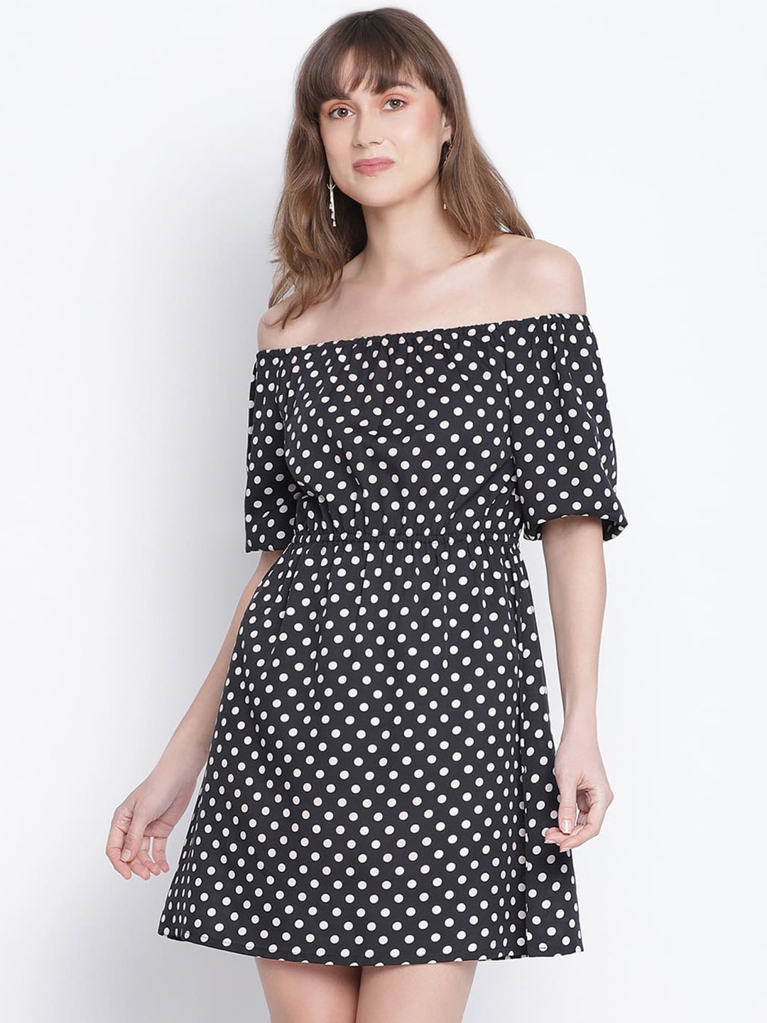 

DRAAX Fashions Polka Dots Off-Shoulder Puff Sleeve A-Line Dress, Black