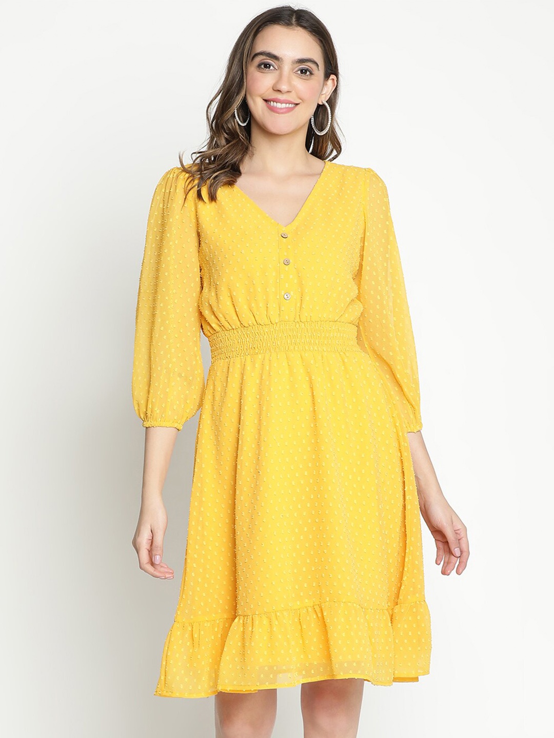 

DRAAX Fashions Self Design V-Neck Puff Sleeves Smocked Details A-Line Dress, Yellow