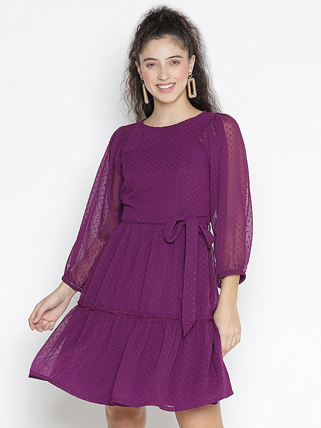 

DRAAX Fashions Self Design Puff Sleeves A-Line Dress, Purple