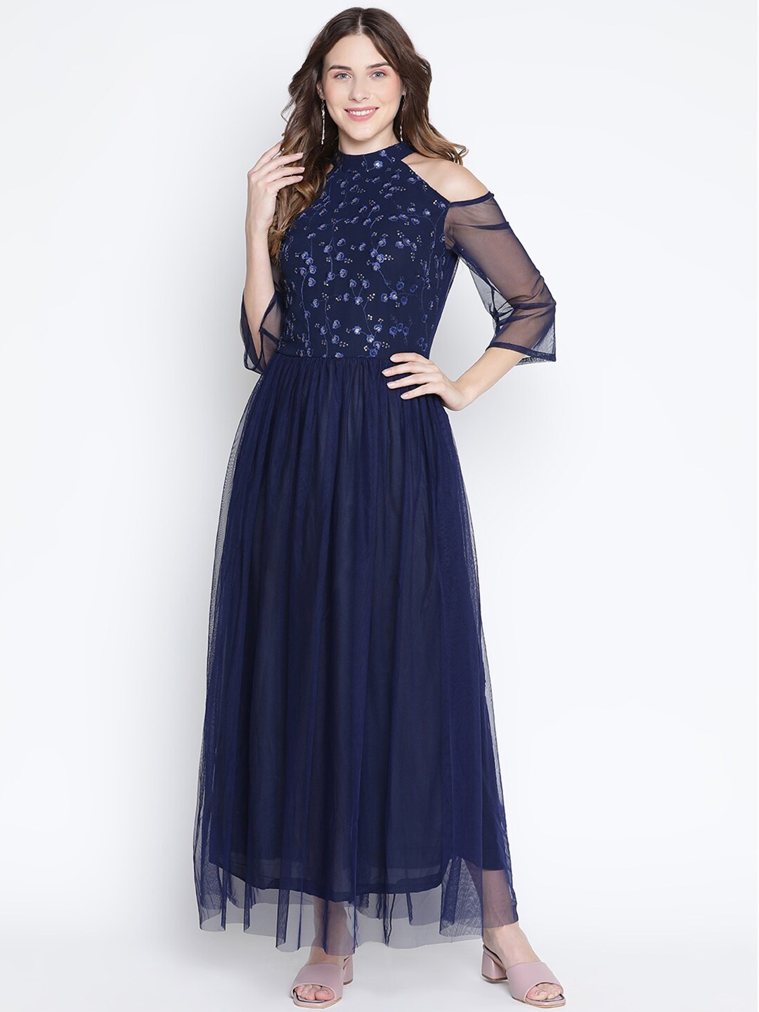 

DRAAX Fashions Floral Embroidered Sequinned Cold-Shoulder Sleeves Maxi Dress, Blue