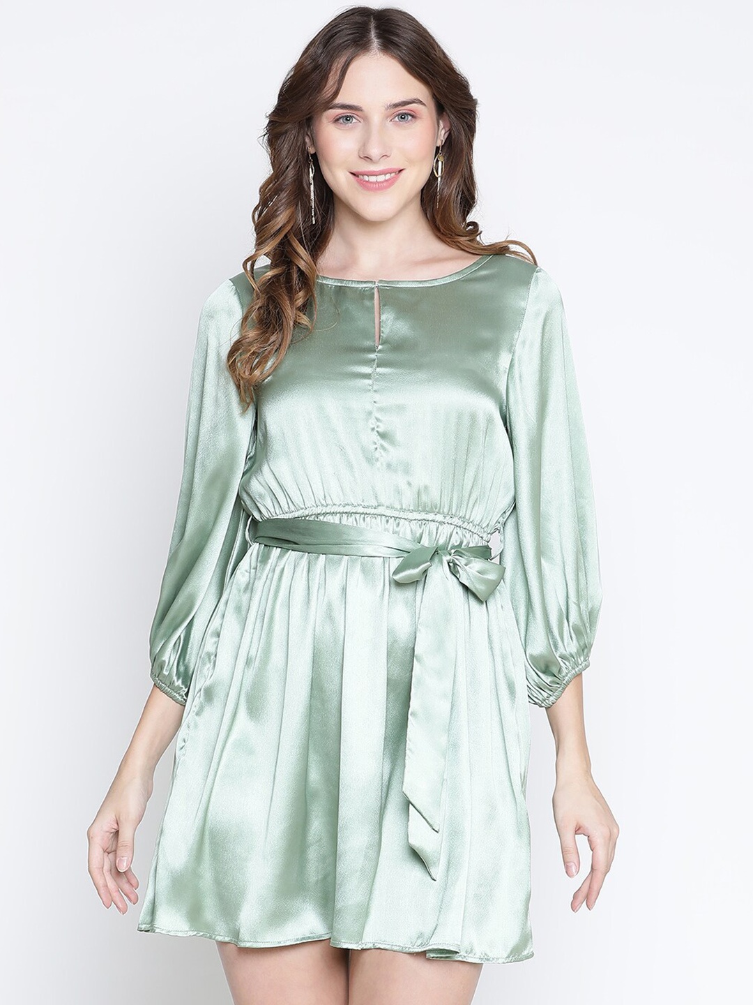 

DRAAX Fashions Puff Sleeved Satin Fit and Flare Mini Dress, Sea green