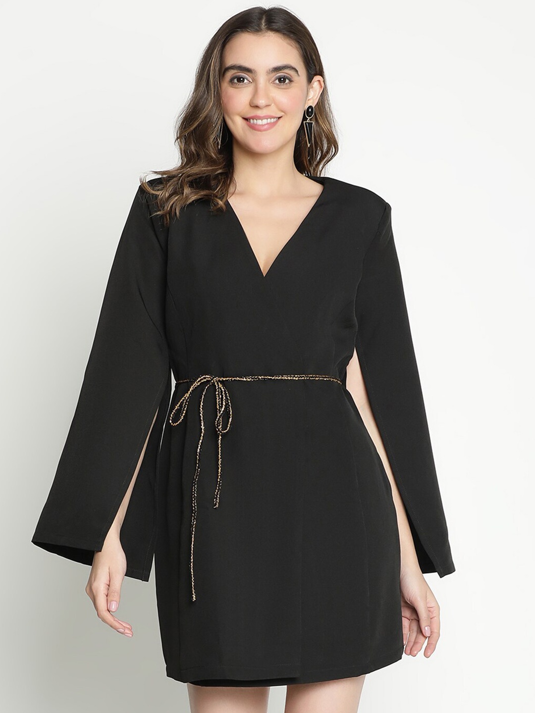 

DRAAX Fashions V-Neck Slit Tie Up Sleeves A-Line Dress, Black
