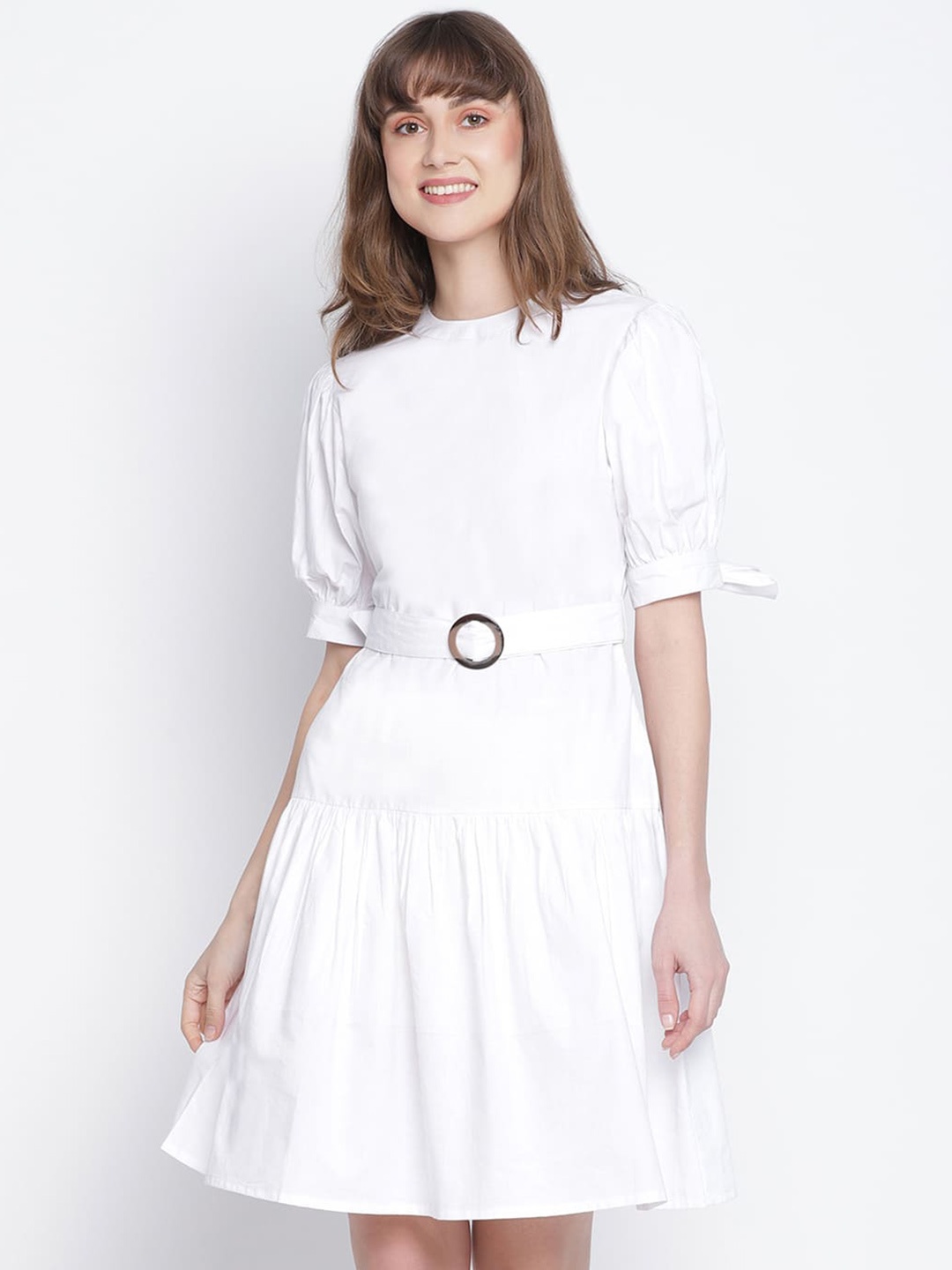 

DRAAX Fashions Round Neck Puff Sleeve Tie-Ups Fit & Flare Dress, White