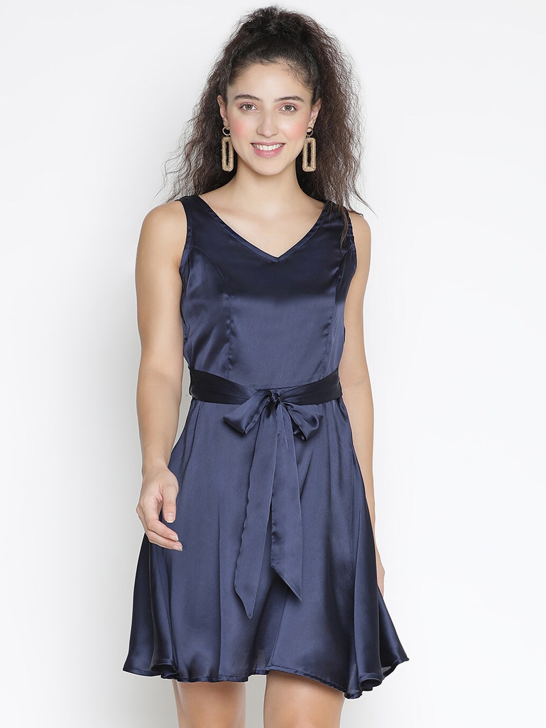 

DRAAX Fashions V-Neck Tie-Up Satin A-Line Dress, Navy blue