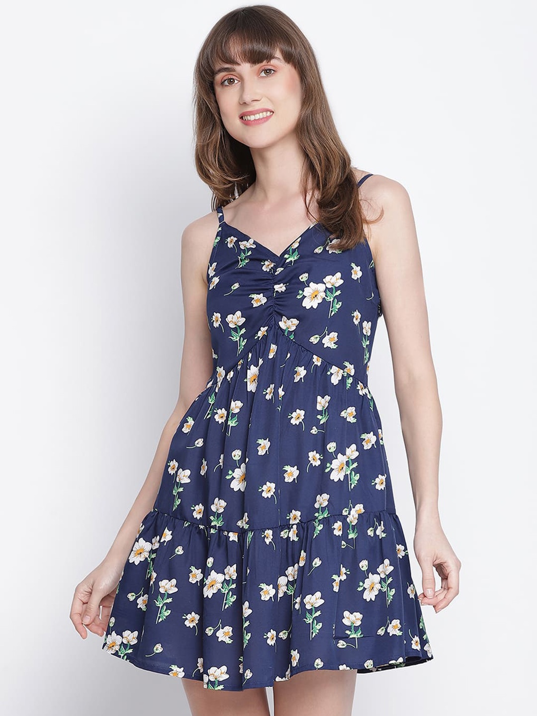 

DRAAX Fashions Floral Printed Shoulder Straps Gathered Fit & Flare Dress, Navy blue