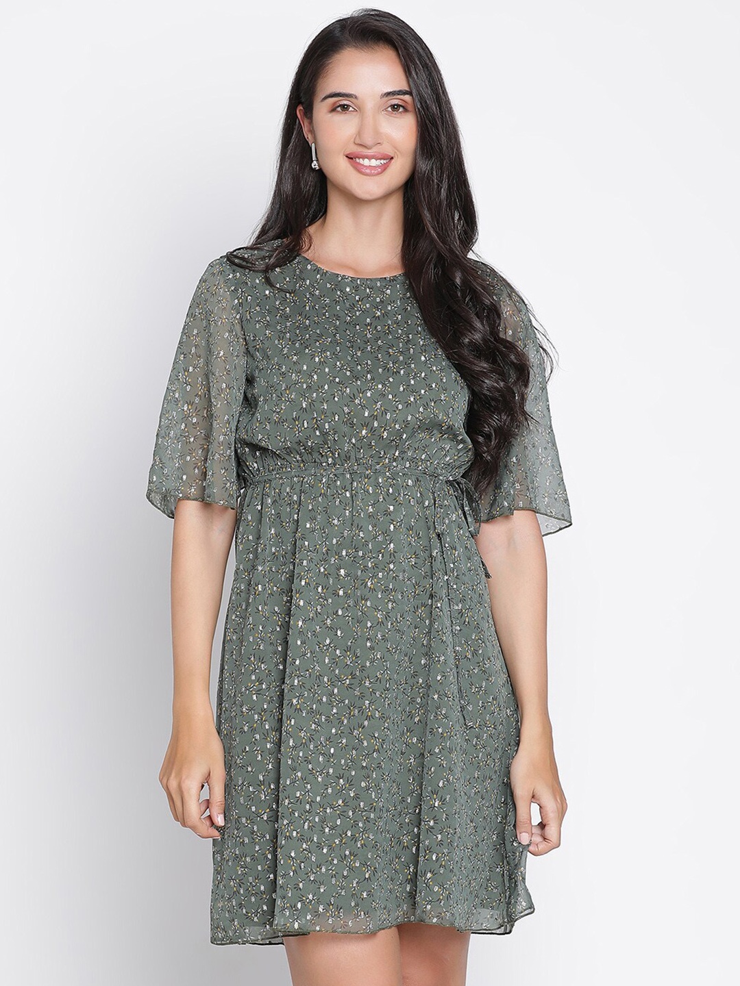 

DRAAX Fashions Floral Printed Gathered A-Line Dress, Green