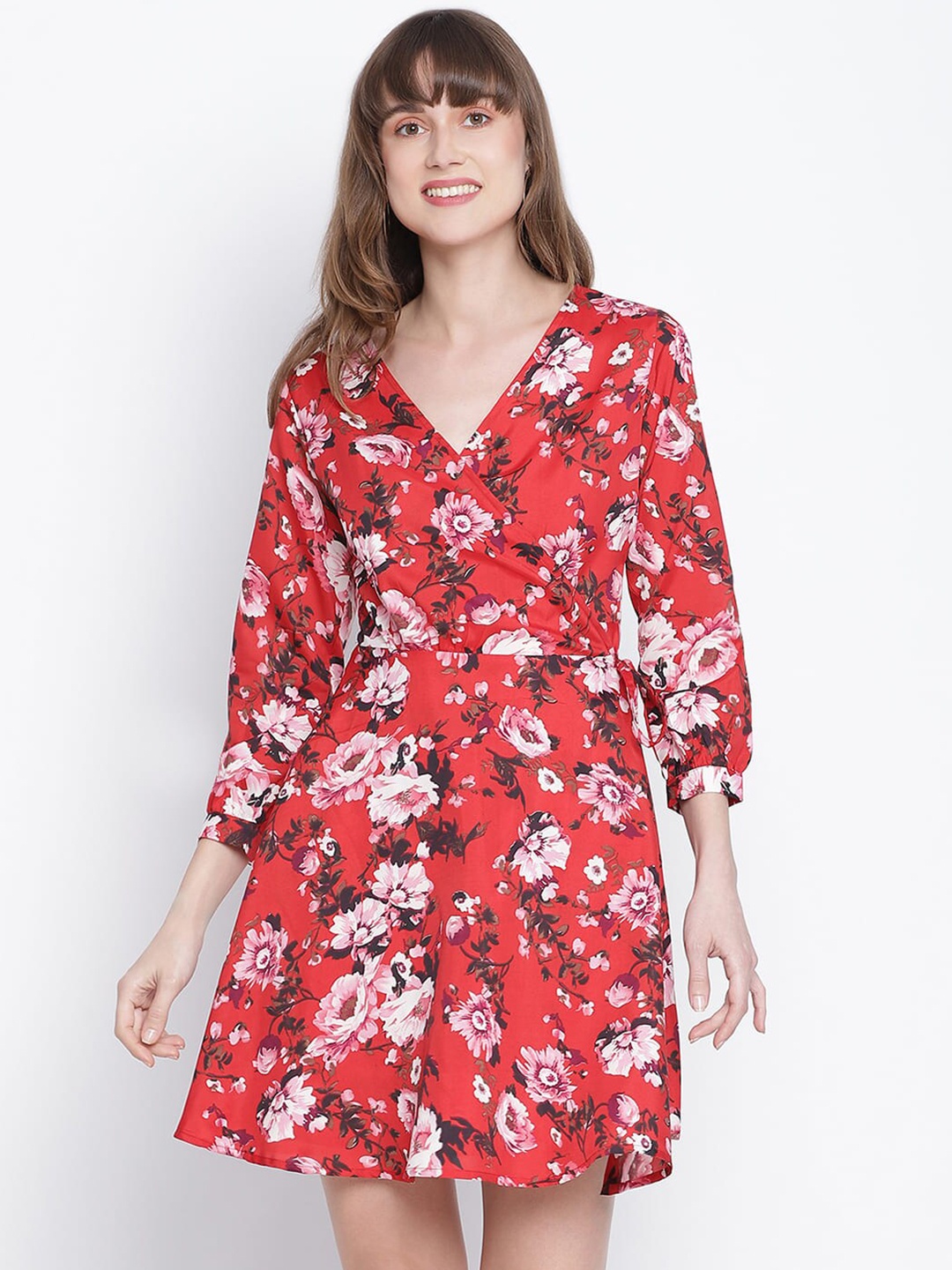 

DRAAX Fashions Floral Printed V-Neck Tie Up A-Line Dress, Red