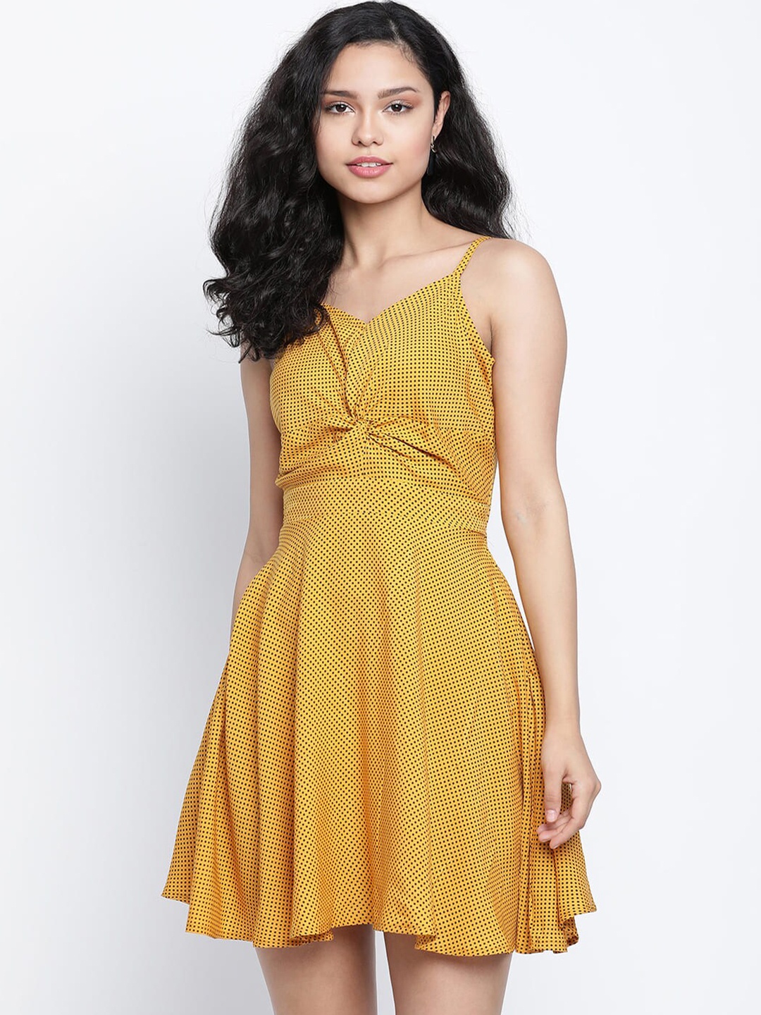 

DRAAX Fashions Polka Dot Printed Shoulder Straps Fit and Flare Mini Dress, Yellow