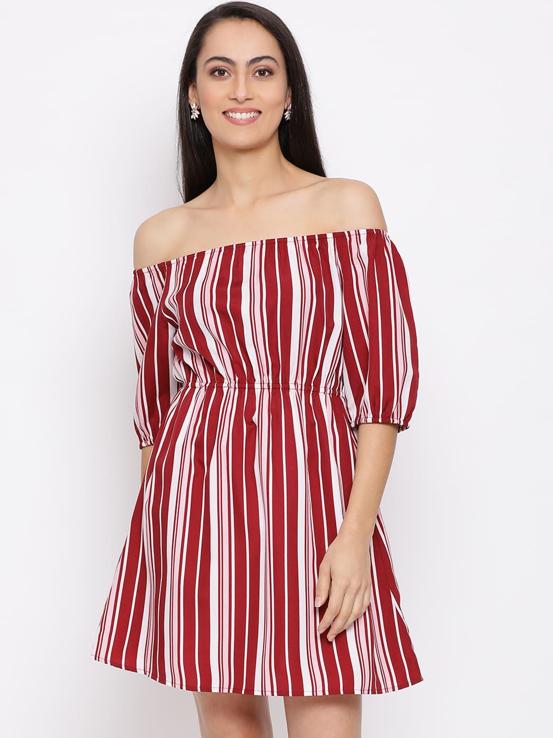 

DRAAX Fashions Striped Off-Shoulder A-Line Dress, Maroon