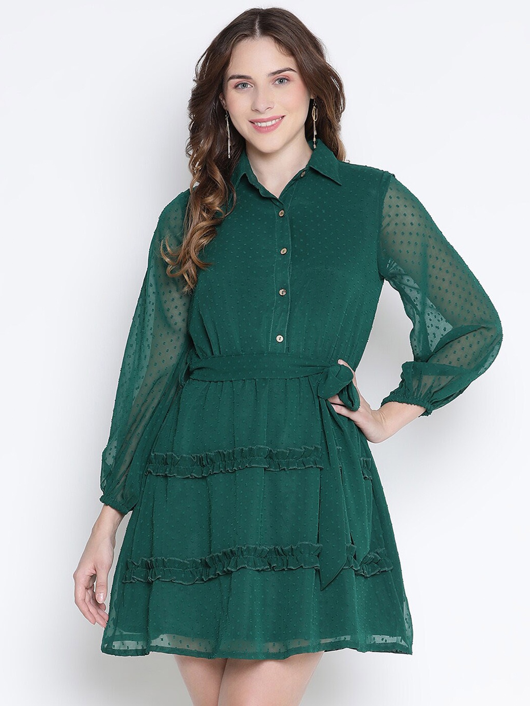 

DRAAX Fashions Self Design Tiered Chiffon A-Line Mini Dress, Green