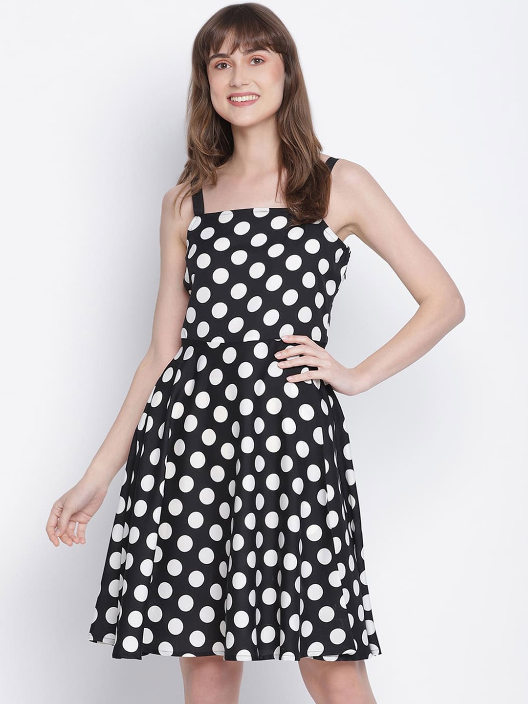 

DRAAX Fashions Polka Dot Printed A-Line Dress, Black