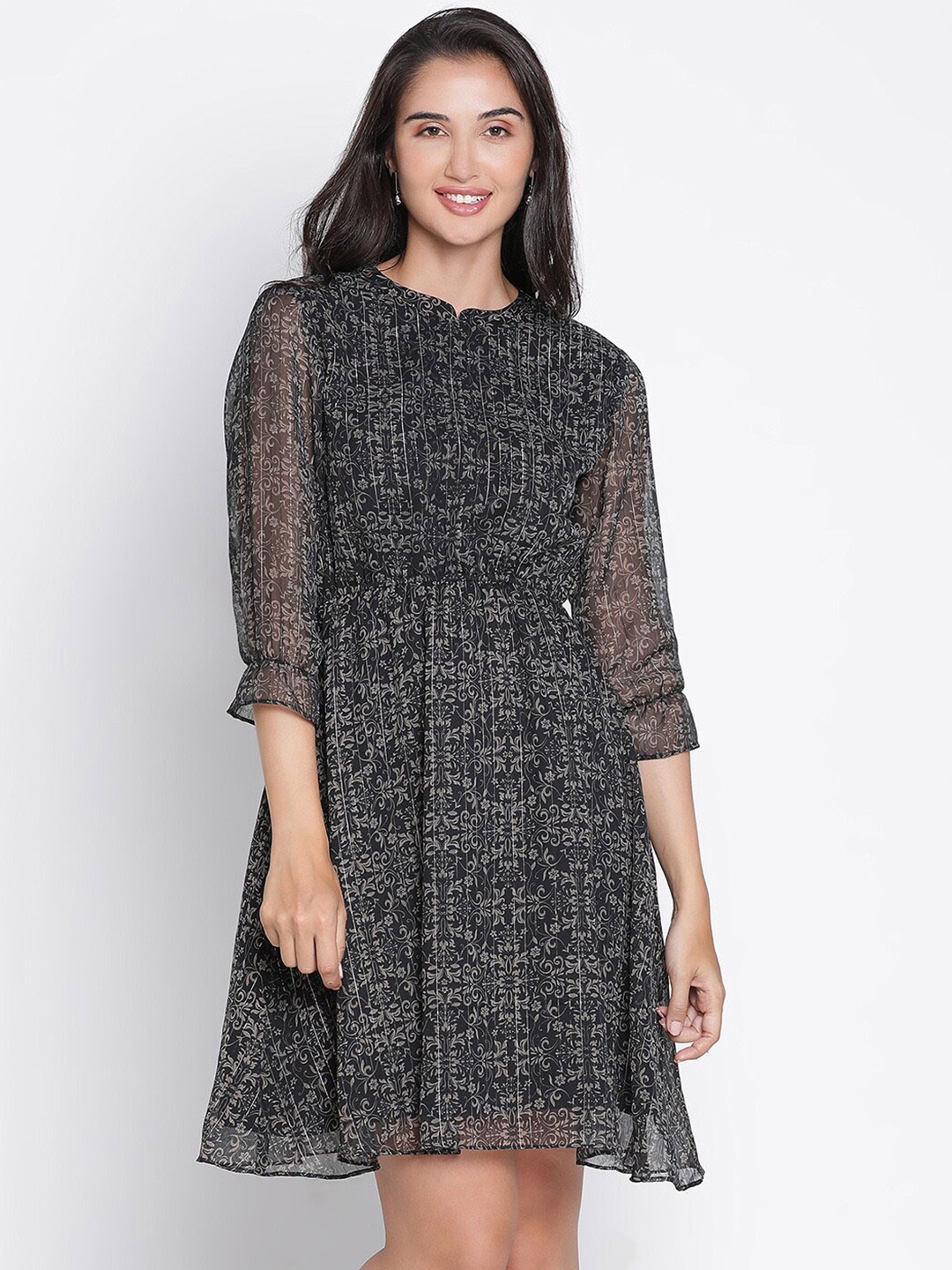 

DRAAX Fashions Floral Printed Round Neck Cuff Sleeves Fit & flare Dress, Black