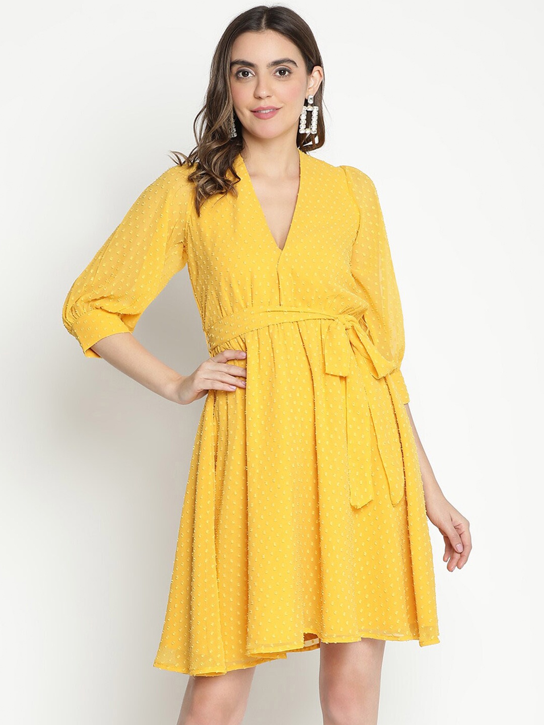 

DRAAX Fashions Self Design V-Neck Fit & Flare Dress, Yellow