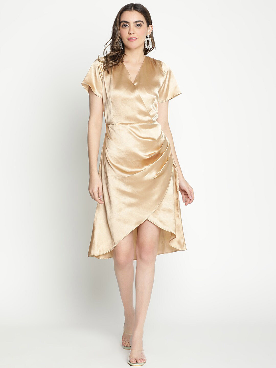 

DRAAX Fashions V-Neck Satin Wrap Dress, Gold