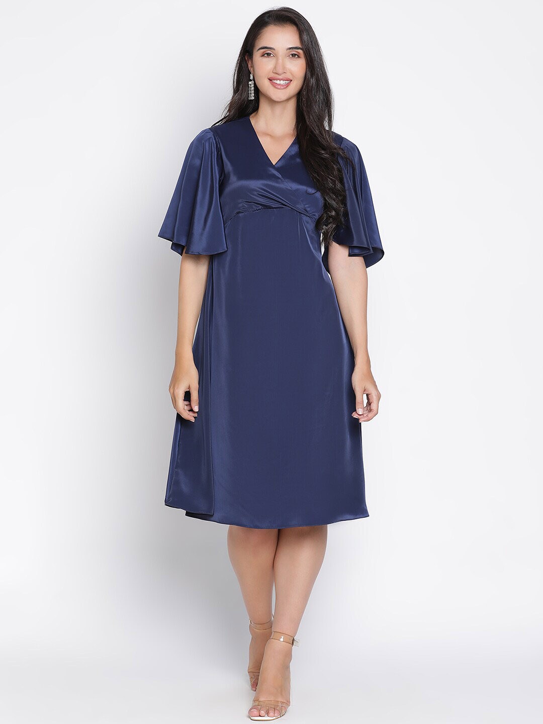 

DRAAX Fashions V-Neck Flared Sleeve Satin A-Line Dress, Navy blue